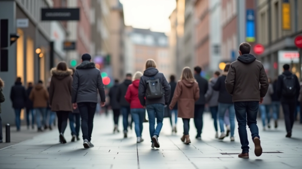 Moderne Stadt mit verschiedenen Altersgruppen von Menschen auf belebter Straße während des Tages