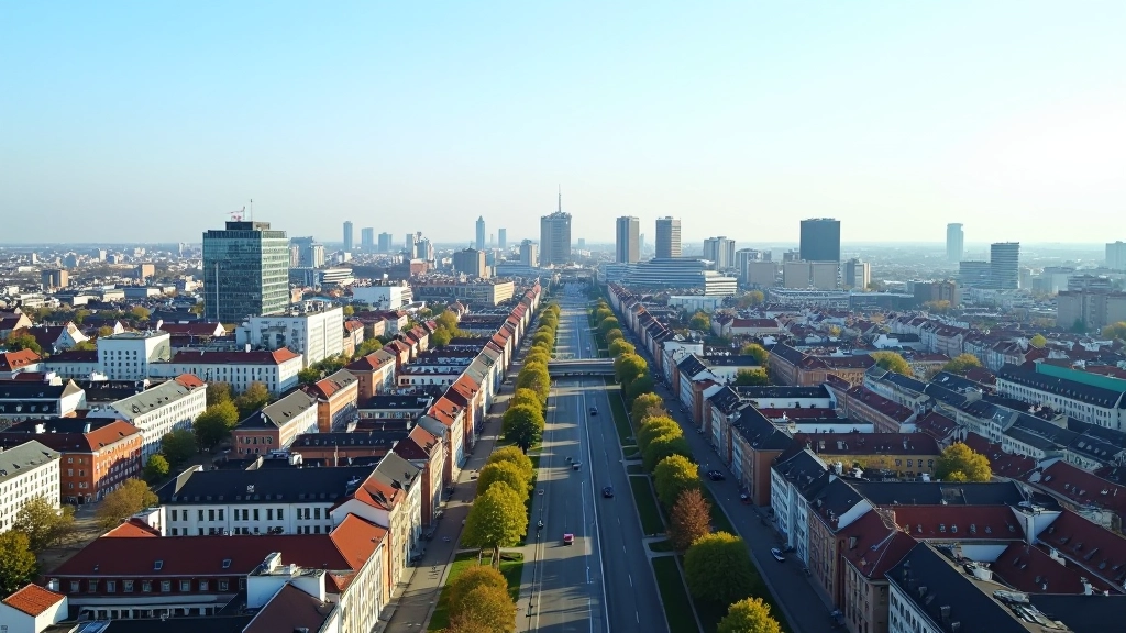 Panorama-Luftaufnahme von Leipzig mit modernen und historischen Gebäuden unter blauem Himmel